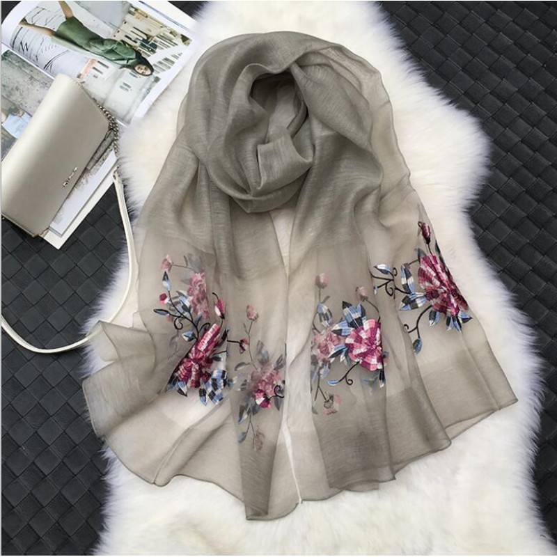 Wool Silk Scaves Black Embroidery Women Summer Scarf